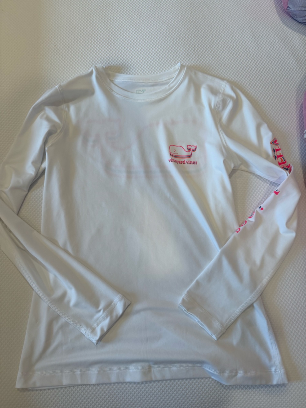 Vineyard Vines White Long-Sleeve Swimsuit with Pink Whale Logo